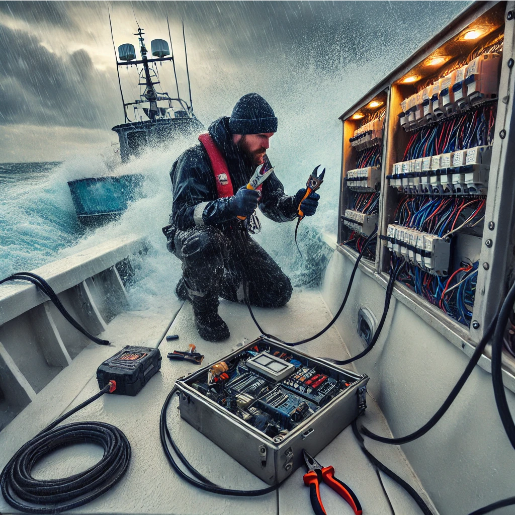 Man fixing boat in rough weather