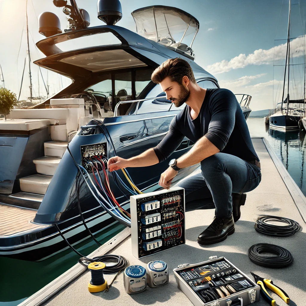 Man installing components on boat